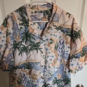 Vintage Hawaiian Green and Blue Casual Button Down Shirt with Tropical Flair